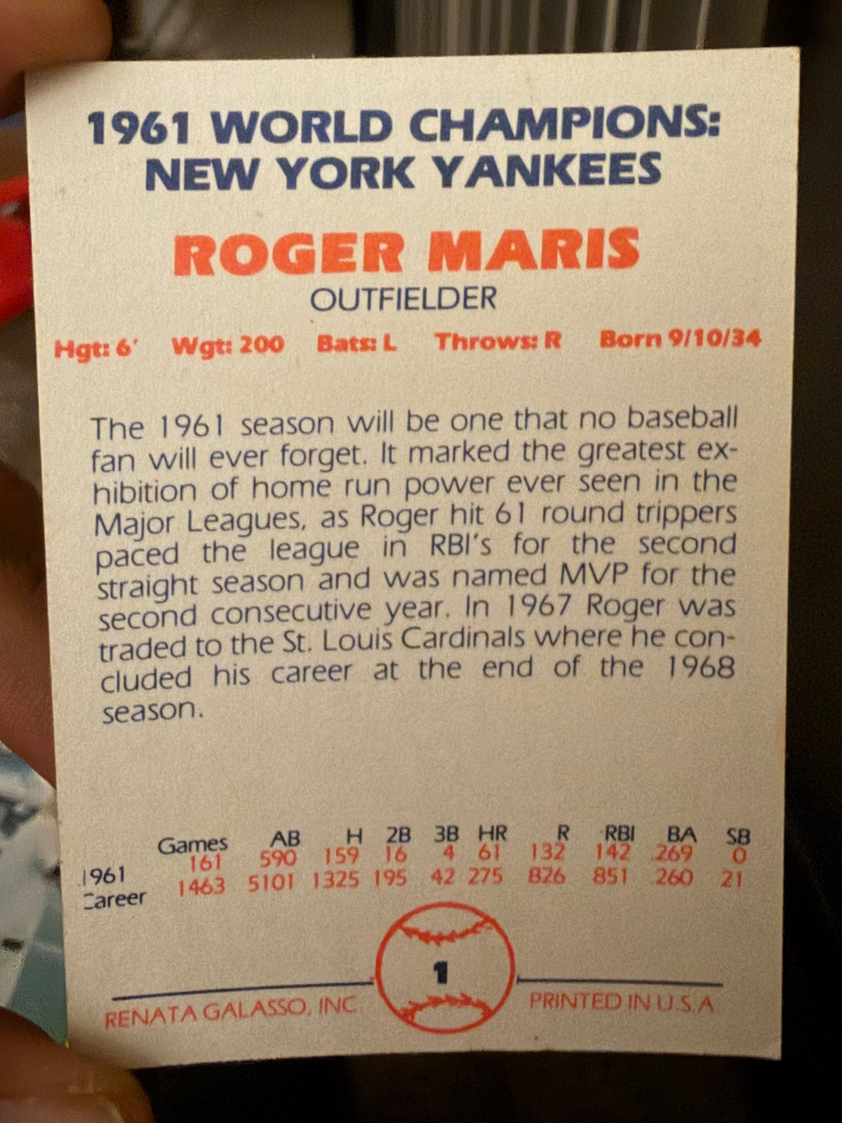 New York Yankees 1961 Champs Complete Team-Very Good Condition