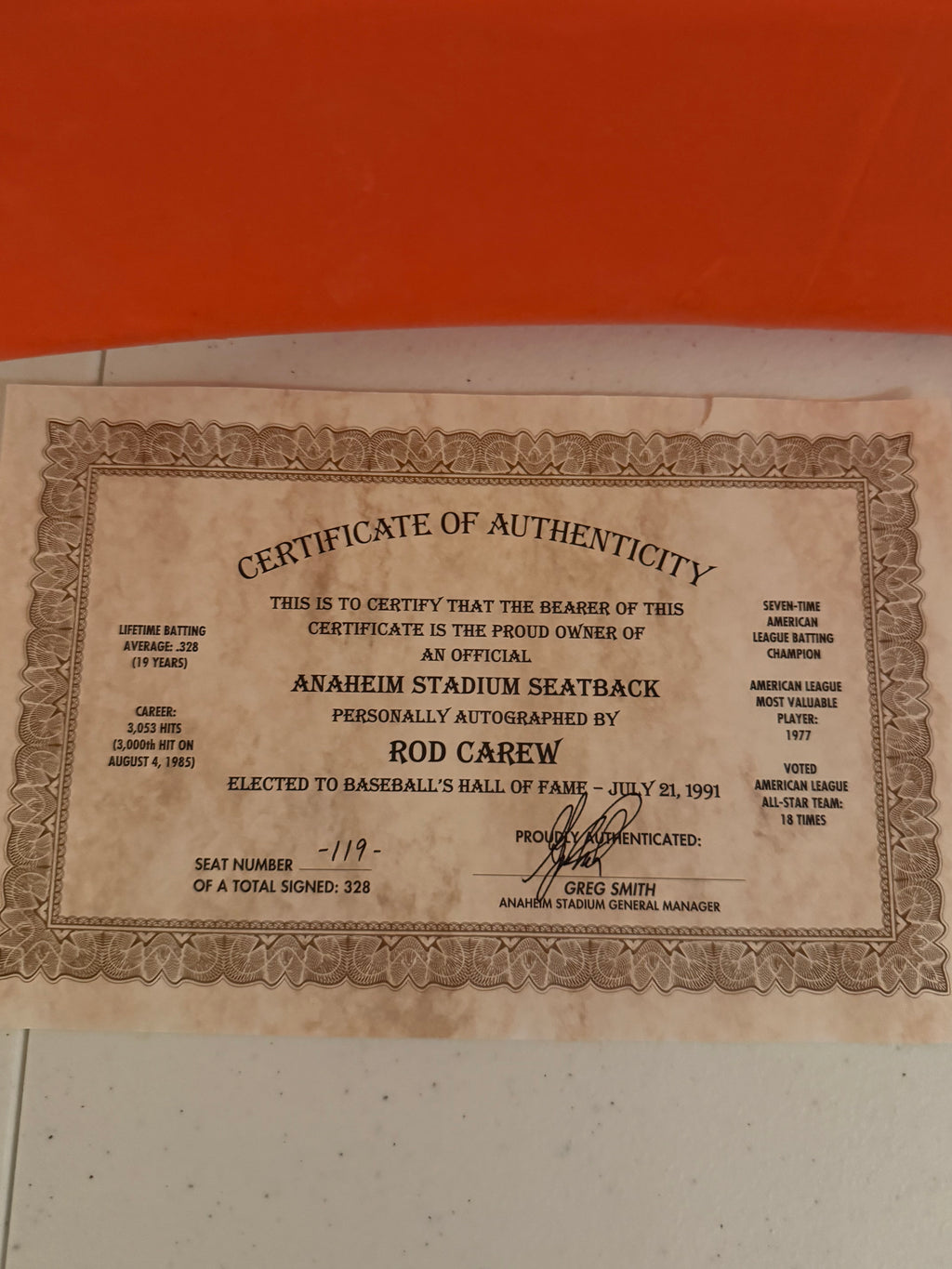 Autographed Rod Carew Old Anaheim Stadium Seat w/Authentic Papers
