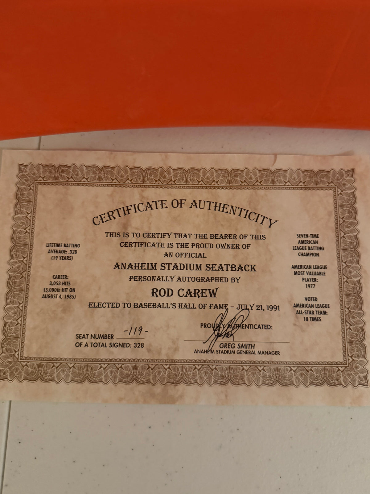 Autographed Rod Carew Old Anaheim Stadium Seat w/Authentic Papers