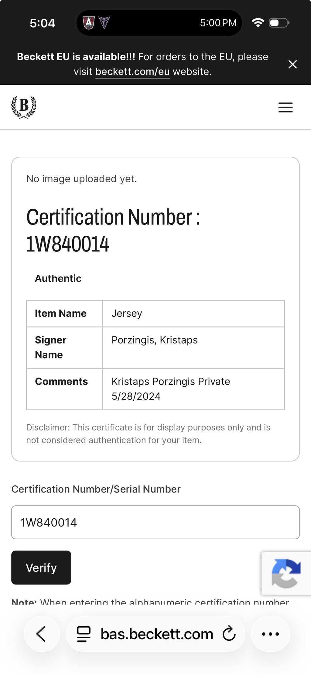 Beckett BAS verification cert 1W840014 Authentic
